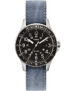 Montre Navi Ocean 38&nbsp;mm Bracelet en tissu r&eacute;versible d&eacute;lav&eacute; &agrave; la pierre Noir/Bleu large