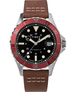 Montre automatique Navi XL 41&nbsp;mm Bracelet en cuir Acier inoxydable/Marron/Rouge large