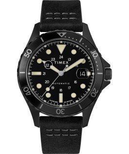 Montre automatique Navi XL 41&nbsp;mm Bracelet en cuir Acier inoxydable/Noir/Noir large