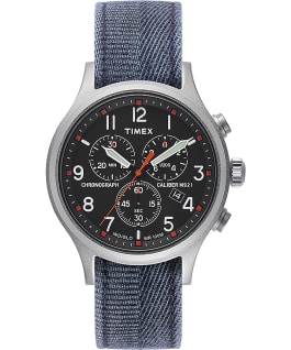 Montre chronom&egrave;tre Allied 42&nbsp;mm Bracelet en tissu d&eacute;lav&eacute; &agrave; la pierre Argent&eacute;/Bleu/Noir large
