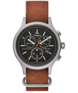 Montre chronom&egrave;tre Archive Allied 42&nbsp;mm Bracelet en cuir Argent&eacute;/Marron/Noir large