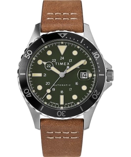 Montre automatique Navi XL 41&nbsp;mm Bracelet en cuir Acier inoxydable/Marron/Vert large