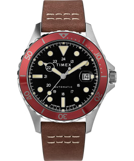 Montre automatique Navi XL 41&nbsp;mm Bracelet en cuir Acier inoxydable/Marron/Rouge large