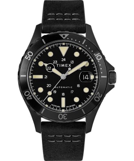 Montre automatique Navi XL 41&nbsp;mm Bracelet en cuir Acier inoxydable/Noir/Noir large