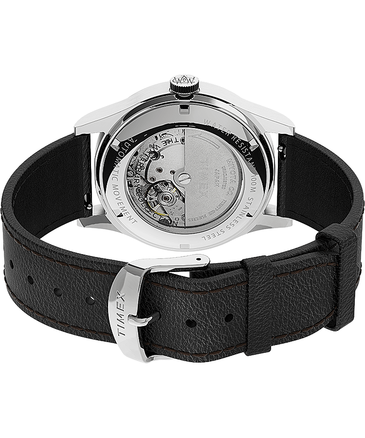 Montre Waterbury Traditional Automatic 39&nbsp;mm Bracelet en cuir Acier inoxydable/Noir/Argent&eacute; large