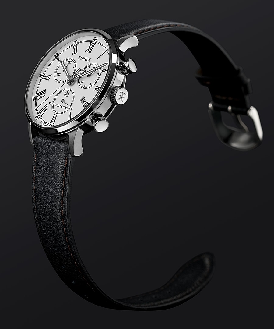 Montre chronom&egrave;tre Waterbury Classic 40&nbsp;mm Bracelet en cuir Acier inoxydable/Noir/Blanc large