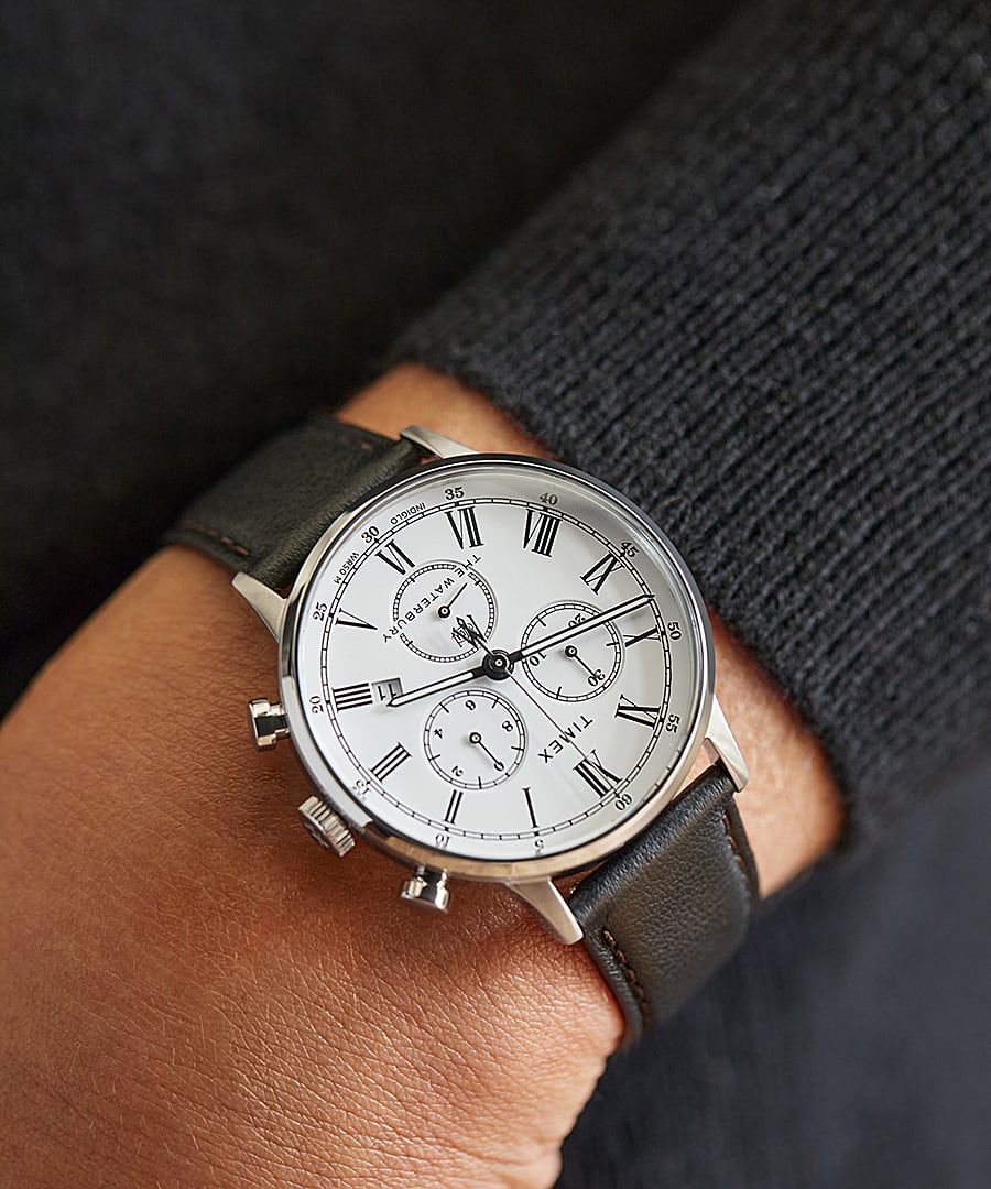 Montre chronom&egrave;tre Waterbury Classic 40&nbsp;mm Bracelet en cuir Acier inoxydable/Noir/Blanc large